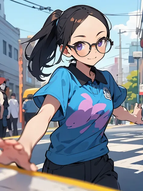 undersideview,solo,upperbody,brown ponytail,big forehead,glasses,(purple:1.2 poloshirts),mini cargo pants,bare feet,ウォーキングシューズ、on the way home,road,residential area,(manga style),(sketch),(illustration),