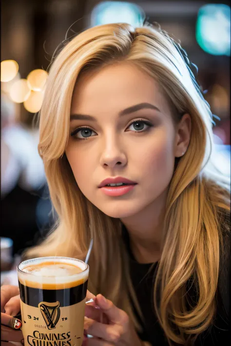 Belle blonde aux reflets blonds portant un pull beige (in a café drinking soda), Very detailed, 22 ans, visage innocent, wavy hair, Yeux verts, visage de Marilyn Monroe, High resolution, Masterpiece, Best quality, intricate high detail, highly detailed, mi...