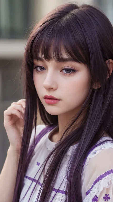 a girl. european. extremely detailed face. delicate features. half-closed eyes. purple eyes. long straight hair, bangs, messy hair. purple hair. red lips