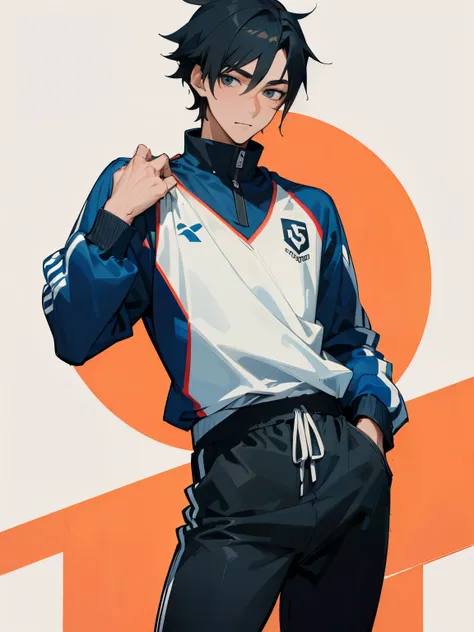 ((Best Quality)), ((Mastepiece)), Perfect Face,1 male,Teenager,Handsome,Alone,anime,Black Hair,From the waist up,Jersey,student,sportswear,