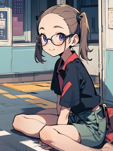 undersideview,solo,upperbody,brown pigtail,big forehead,glasses,(purple:1.2 poloshirts),mini cargo pants,bare feet,ウォーキングシューズ、on the way home,road,residential area,(manga style),(sketch),(illustration),