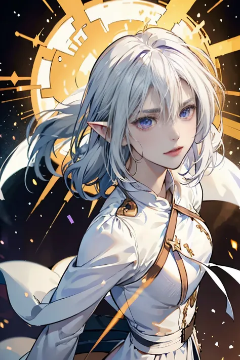 Boy, Good person, White skin and white eyes, Short white hair, White hair covering the ears, Giant elf ears, Pointy hairy ears, Purple eyes, Light firepower, The power of the sun, Pyrotechnics, No anger, Golden Clothes, Fully clothed, Wear a shirt, No musc...