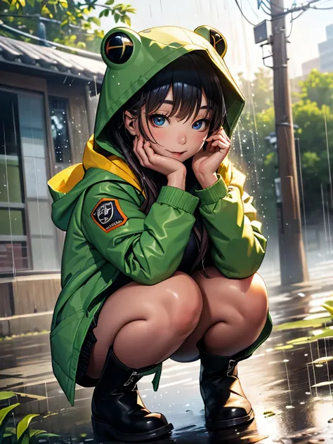 ((Seductive girl:1.3, solo:1.2))、((fusion of frog and girl:1.3))、((lowteen))、((raining:1.5))、((puddle))、((at the outdoor:1.3))、((crouching:1.4、head rest:1.3))、(green parka:1.5))、((hoodie))、((hooded))、((rain boots:1.2))、((wet clothes))、((looking down at vie...