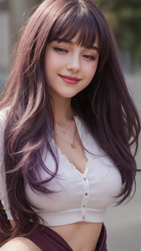 a girl. european. extremely detailed face. delicate features. half-closed eyes. purple eyes. long straight hair, bangs, messy hair. purple hair. red lips. voluptuous appearance. smiling