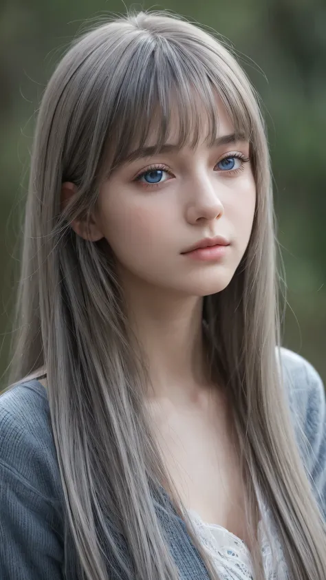 a girl. european. extremely detailed face. delicate features. half-closed eyes. blue eyes. long straight hair, bangs, messy hair. silver hair. voluptuous appearance