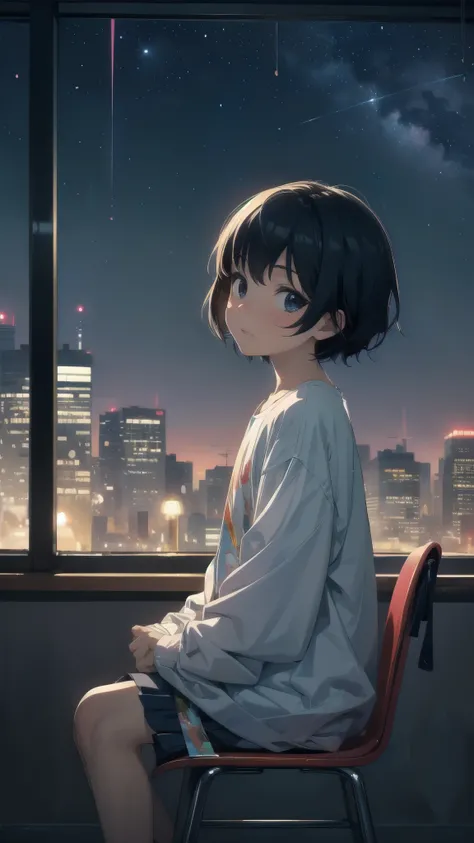 ultra-Top-quality by art God, ultra-detailed, high resolution,  Ilya Kuvshinov style, anime moe artstyle, best anime 8k konachan wallpaper, pixiv contest winner, perfect anatomy, break,(Please draw a picture of a girl sitting and looking at the night view....