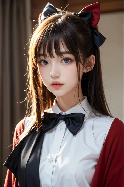 araya, 1 girl, alone, long hair, blue eyes, ahoge, bow, look at viewer, red bow, shirtแจ็กเกต, bowtie, long sleeve, chest, shirt