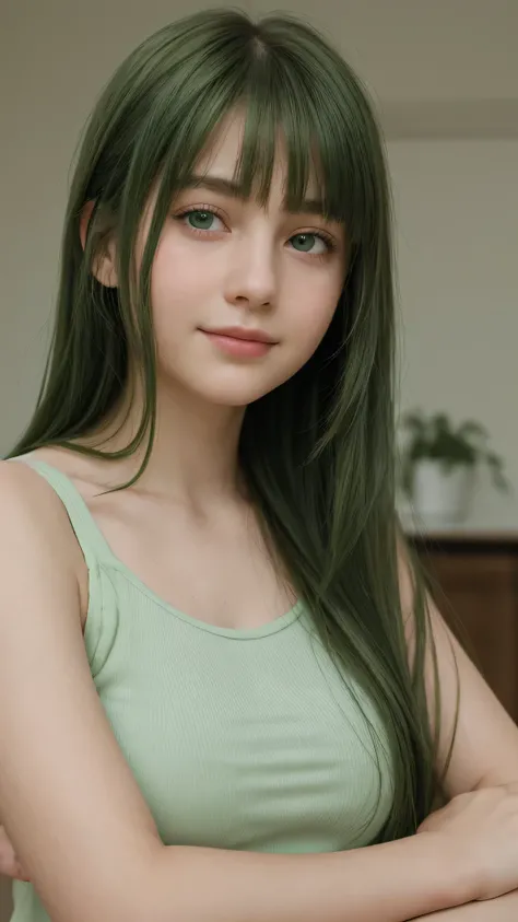 a girl. european. sad. extremely detailed face. oval face. delicate features. half-closed eyes. green eyes. long, straight, very thick hair. bangs. green hair. rosy cheeks. tank top. gentle smile. 2/4 portrait