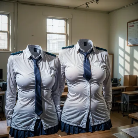 chubby, fat, white shirt, blazer, blue stripe tie, school tie, school uniform, many girls studying on desk in classroom, classroom, cute pose, (invisible, no humans, headless, faceless:1.5), cute big breasts, (close-up shot of breasts), (8k, RAW photo, bes...