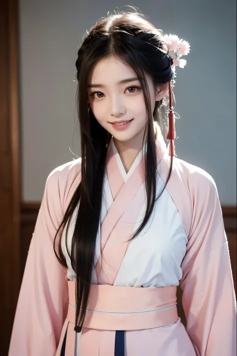 1 fashion model 1 [[[[close up]]]], [[[[neck]]]], [[[[Shoulder]]]], Perfect eyes, Perfect Iris，Perfect lips，Perfect Teeth，Perfect skin，White skin，Soft headlight，High-density imaging，Black long hair，（Clean and delicate face），（Smile），((Simple pink Hanfu))，((...