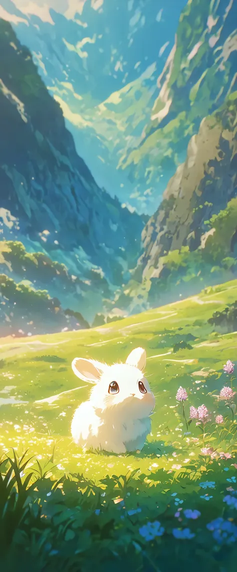 Create a close-up, animated illustration of a fluffy baby bunny sitting in a field of clover. Emphasize the soft fur, big eyes, and twitching nose of the bunny. The background should be a gentle blur of greenery, highlighting the cuteness and innocence of ...