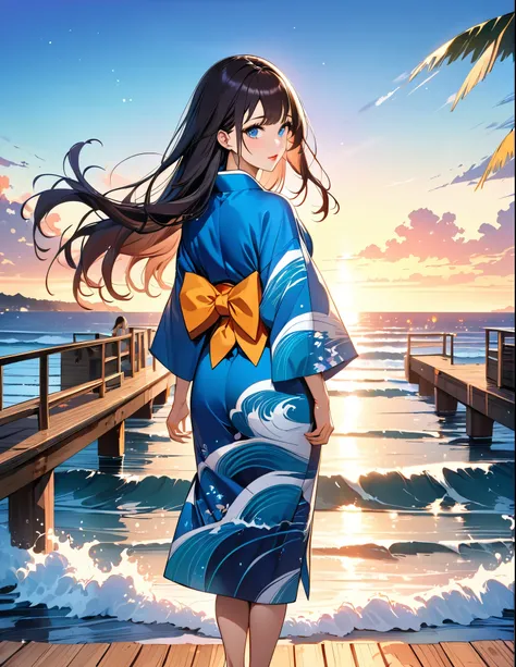 (masterpiece, best quality:1.2), illustration, anime, (wide shot), model shoot, long dark hair, blue ocean eyes, pretty lips, beautiful faces, beautiful eyes, Japanese traditional yukata, zori shoe, back lighting, standing on pier, (ocean, glittering water...