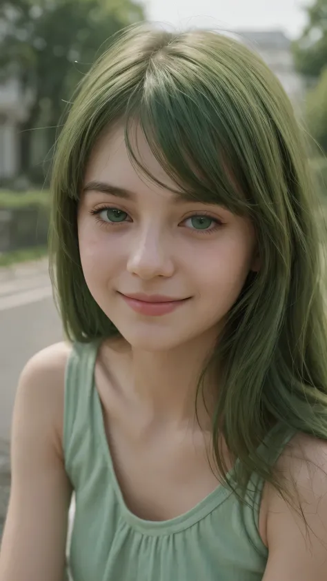 a girl. european. shy. extremely detailed face. oval face. delicate features. half-closed eyes. green eyes. long, straight, very thick hair. bangs. green hair. rosy cheeks. tank top. gentle smile. 2/4 portrait