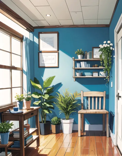 No characters, Paint directly on the canvas, Comfortable room, Everyday items, books, Water cup, Potted plants, White flowers, food, text, chart, , Magazine Title, No characters