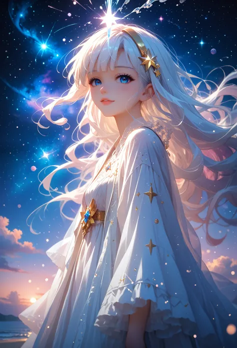 anime girl with long white hair and a star in her hair, white hairy deity, anime girl with space hair, star(sky) starry_sky, cut...