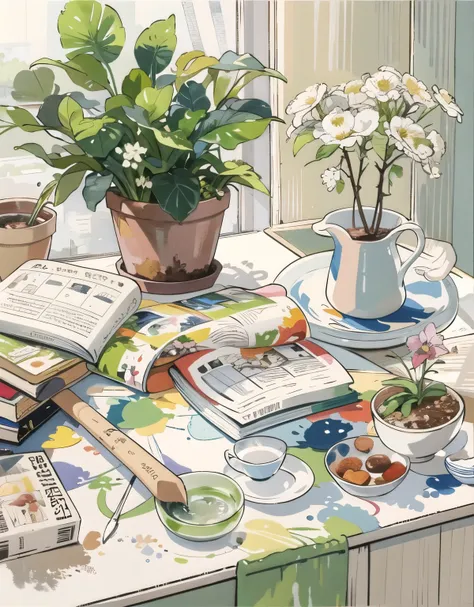 No characters, Paint directly on the canvas, Comfortable room, Everyday items, books, Water cup, Potted plants, White flowers, food, text, chart, , Magazine Title, No characters