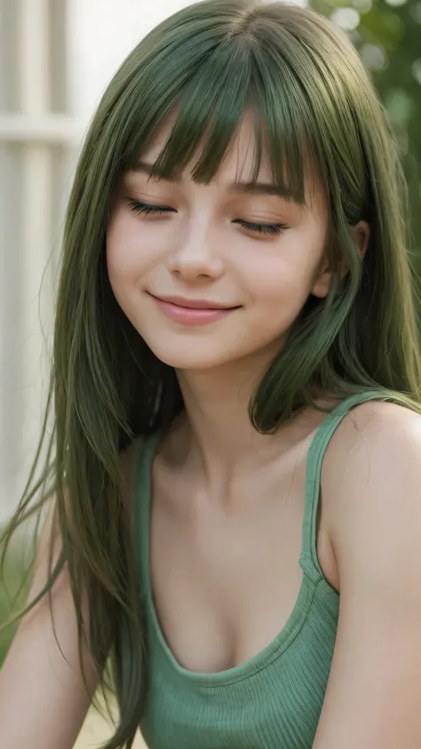 a girl. european. sad. extremely detailed face. oval face. delicate features. half-closed eyes. green eyes. long, straight, very thick hair. bangs. green hair. rosy cheeks. tank top. smiling. 2/4 portrait