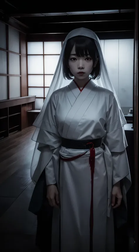 Japanese ghost、dark hospital、blood from the mouth、gloomy face、narrow eyes、white costume