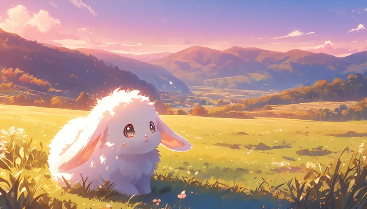 Create a close-up, animated illustration of a fluffy baby bunny sitting in a field . Emphasize the soft fur, big eyes, and twitching nose of the bunny. The background should be a gentle, highlighting the cuteness and innocence of the baby bunny, by makoto ...