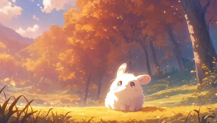 Create a close-up, animated illustration of a fluffy baby bunny sitting in a field . Emphasize the soft fur, big eyes, and twitching nose of the bunny. The background should be a gentle, highlighting the cuteness and innocence of the baby bunny, by makoto ...
