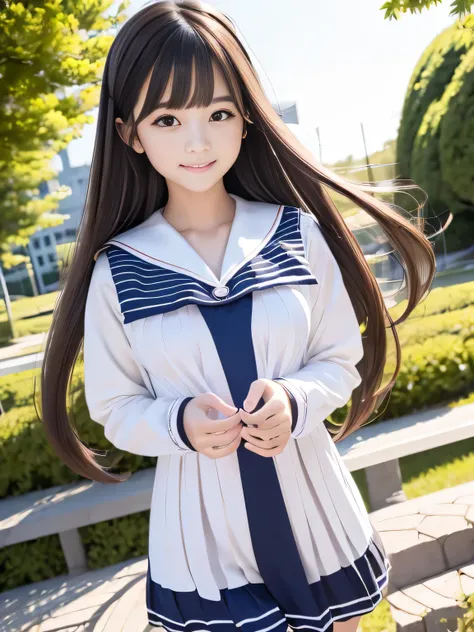 High school girl、Very cute woman、Baby Face、Beautiful face with attention to detail、A gentle gaze、Big bright eyes with great attention to detail、Double eyelids with attention to detail、Very long hair、Two Side Up Hair、Dark brown hair、(Sailor suit:1.5)、Short ...