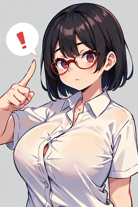 Short black hair、Big Breasts、Red glasses、Pointing finger、Pointing finger、My eyes are wide open、Stern expression、A simple white button-down shirt