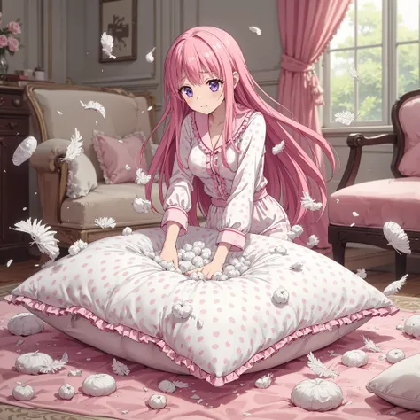NSFW. a full-body with up perspective of an anime-style purple eyes, pink long hair female kids wearing a white pajama, standing and placing a giant, luxury pattern, frilled white pink polkadot cushion on the floor, tearing and ripping it with both hands u...