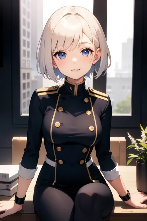 Short haired black woman　smile　Light Skin　Black Uniform　sit