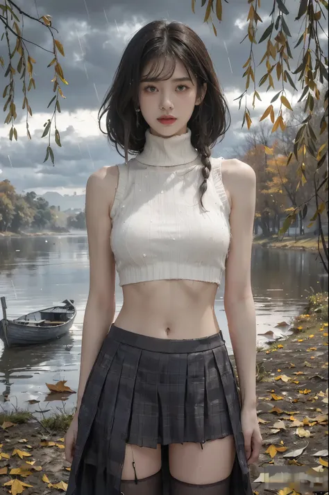 (((best quality))),(((ultra detailed))),(((masterpiece))),illustration,((1 beautiful girl,solo)),((slim,thin)),((small breasts,flat chest)),((sweat,wet)),elegant, melancholic, ((autumn mood, desolate willow bank)),(shoulder-length straight hair:1.3),(high-...