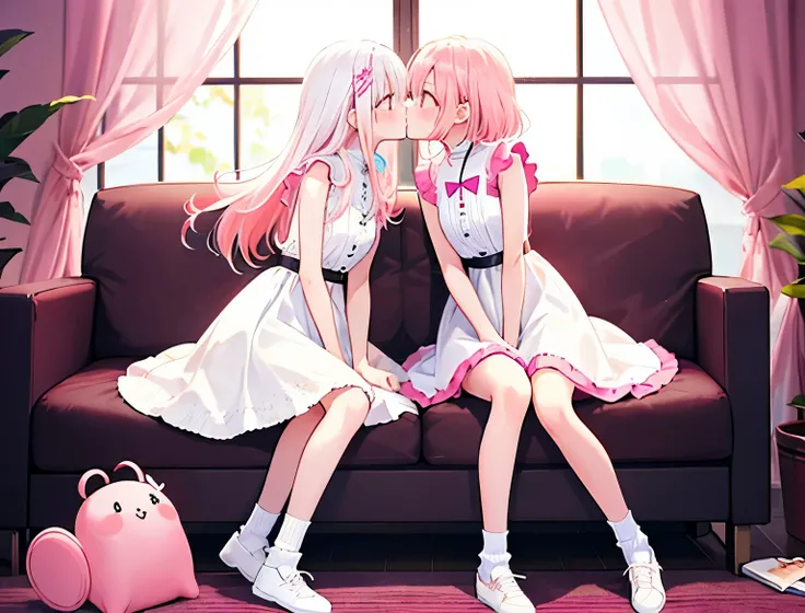 2 girls，Girl 1：cute，Pink hair，White hair，White socks，White Dress，girl 2：cute，Pink hair，White hair，White socks，White Dress。kiss，Hook legs