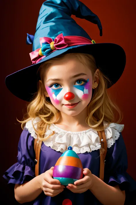 little witch girl, with witch hat, face with clown paint