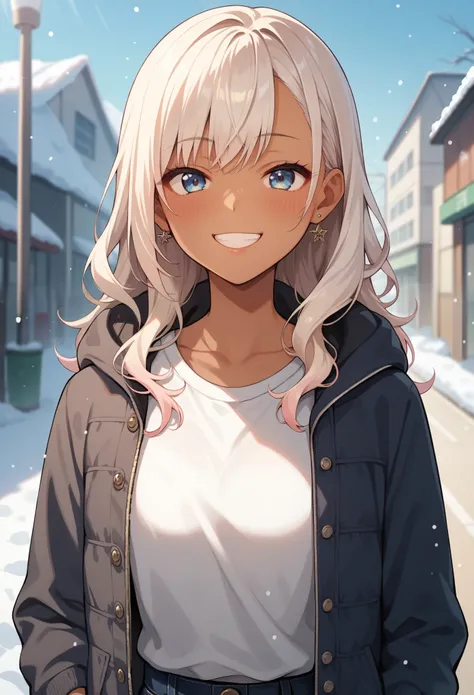 Score_9, score_8_up, score_7_up, score_6_up, source_anime, rating:general, 1girl, Gyaruu, Gyaru, tanned skin, upper body, small smile, blush, casual sports clothing, white hair, long hair, straight bangs, light blue eyes,  snowy countryside