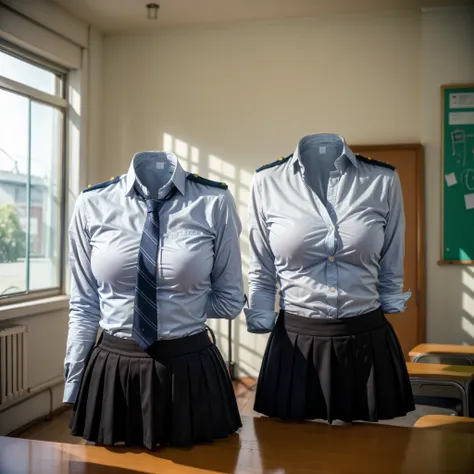 white shirt, blazer, blue stripe tie, school tie, school uniform, many girls studying on desk in classroom, (invisible, no human...