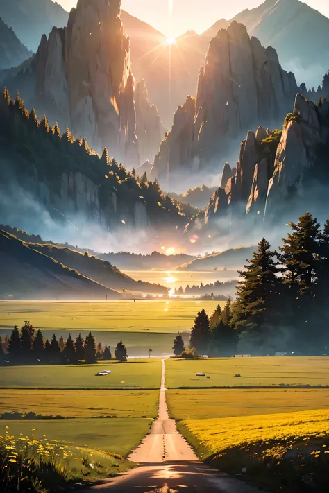 A noon in summer, plenty of sunshine, a road with a clear background, endless grass beside the road, rugged mountains in the distance, lakes in the distance, (high detail RAW photo), (Masterpiece, realistic, dramatic and cinematic lighting, key light, fill...