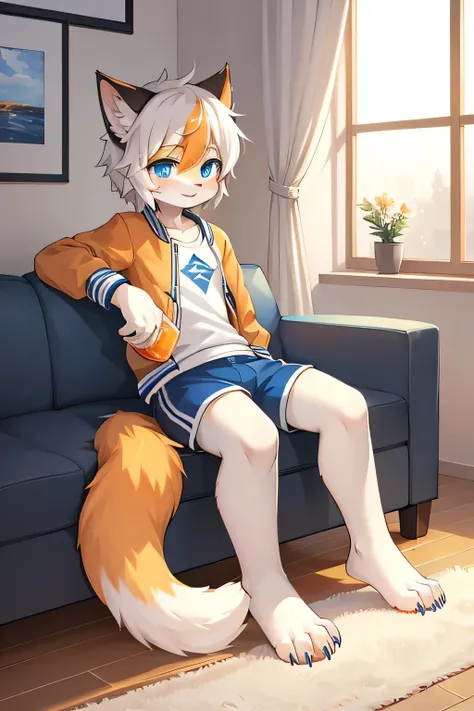 Fluffy orange cat boy，taller，Not strong，Weak。White hair，Eyes are delicate and bright，Correct position of facial features，Blue pupils，Fluffy tail，White shorts，Blue striped white short-sleeved jacket，waist，Leg，Show your claws，Stretch out your feet，indoor，Sit...