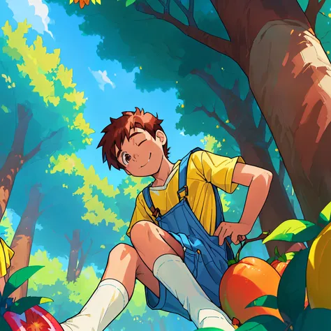 (((( boy with brown hair and an innocent smile alone among trees with bright fruits)))), ((amazed and smiling in a surreal dream world setting)), ((wearing blue overalls and a yellow t-shirt underneath, wearing white socks)), 