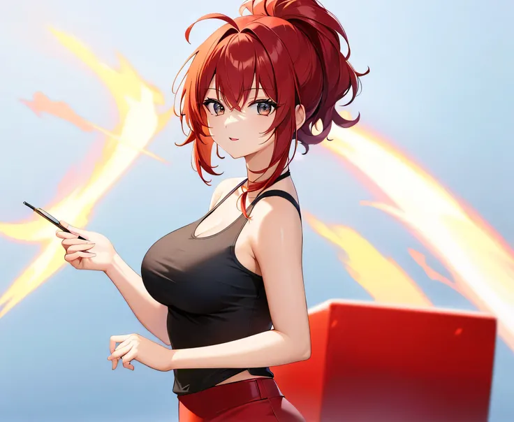 Red Hairのアニメのgirl, alone, Classic Girl, girl, Girl Romance, Anime Style, Official fan art, ponytail, Short Hair, Red Hair, Brown eyes, Big Breasts, had large breasts, Muscular Woman, In anime style, Feminine and muscular, Fan art, clothing:Black tank top, ...