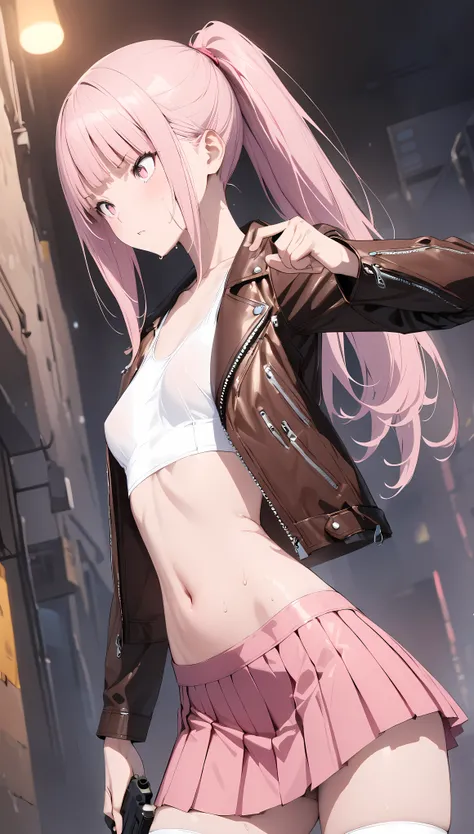 Action Visuals、((masterpiece,Best Quality:1.3,best quality illustrations)),cowboy shot,portrait,1woman,young adult,(ponytail),straight long hair,pink hair,small head,pink eyes,(gorgeous eyes),small breasts,(White tank top、Leather jacket、navel、Pleated pink ...