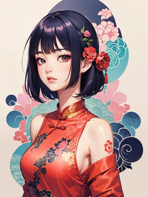 Beautiful woman in Chinese dress, highly detailed tattoo on neck, sensual, low color illustration