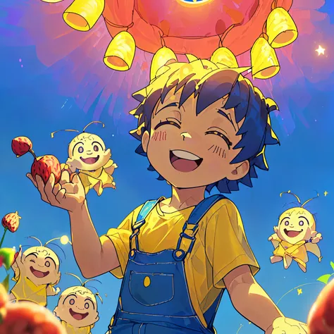 ((((menininho com afeição muito  de 5 years old com cabelos castanhos e um sorriso inocente sozinho em meio a ávores com frutos luminosos)))), ((amazed and smiling in a surreal dream world setting)), ((wearing blue overalls and a yellow t-shirt underneath)...