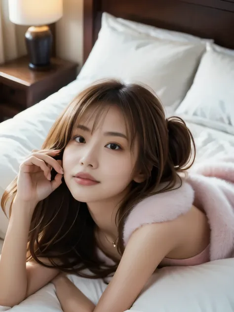 misakiai, tiny breasts, (Masterpiece: 1.3), (8k, Photorealistic, RAW Photo, Best Quality: 1.4), beautiful sun-kissed Japanese woman wearing delicate, broken white satin pajamas, lying gracefully on a bed with messy pink satin sheets, her brown hair styled ...