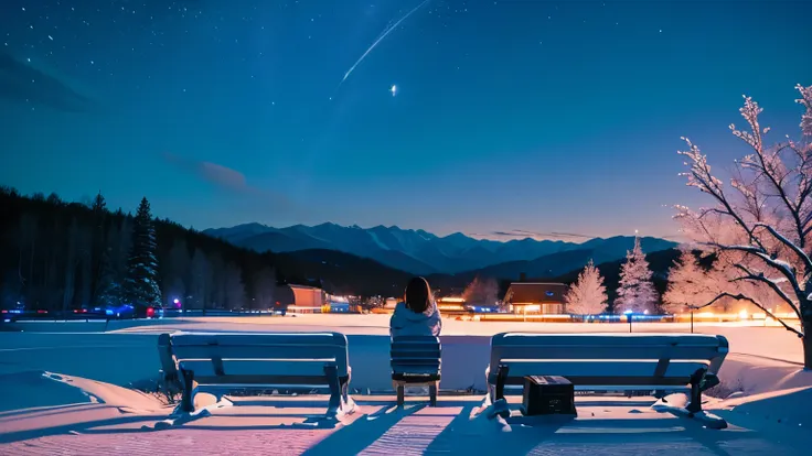 powder snow、night sky、bench、high image quality、alone