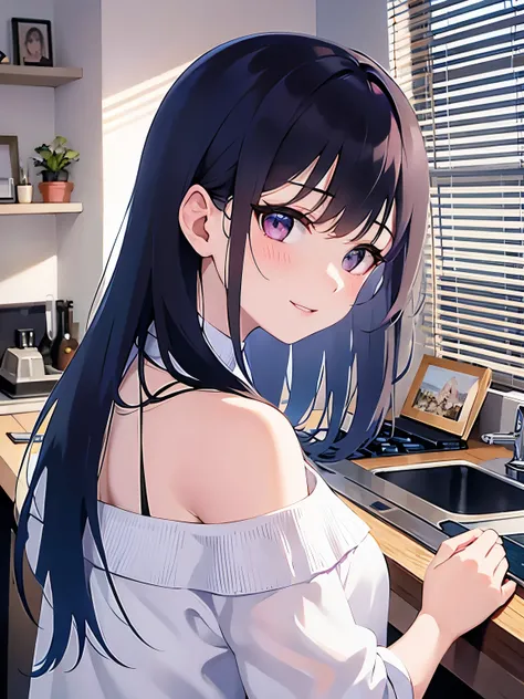 look back, Close up of your face, (pale skin: 1.2), shiny skin, shiny hair、(A 2 woman with straight hair and bangs) and (medium hair) and (black hair) and (purple eyes) , (white) and (off shoulder blouse)、smile, (blush:1.3), The background is the kitchen、c...