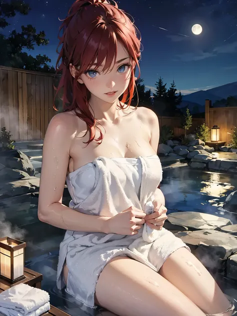 ,(((wrapping_bath_towel))),moonlight,stary_sky,onsen,night,steam,moon,red_hair,beautiful_hair,beautiful_eyes,1_beautiful_girl,cute_face,beautiful,best_quality,good_anatomy,