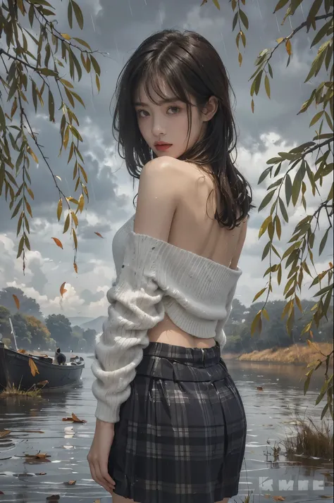 (((best quality))),(((ultra detailed))),(((masterpiece))),illustration,((1 beautiful girl,solo)),((slim,thin)),((bare shoulder,bare back)),((sweat,wet)),elegant, melancholic, ((autumn mood, desolate willow bank)),(shoulder-length straight hair:1.3),(white ...