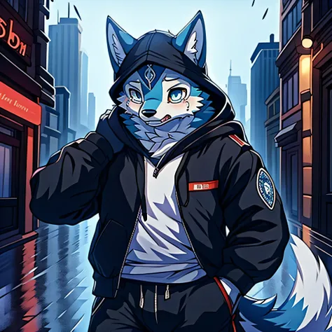 furry,blue fur,male people,wolf,right blue eyes, hooded jacket,tears,rain,city,look at the sky,best quality, masterpiece