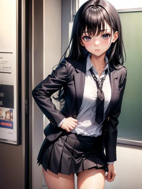 Black Hair, mini skirt, High school girl, Perfect body, Beautiful face, Standing, Classroom Background, Blazer, shirt and tie、solo,Tsundere, 