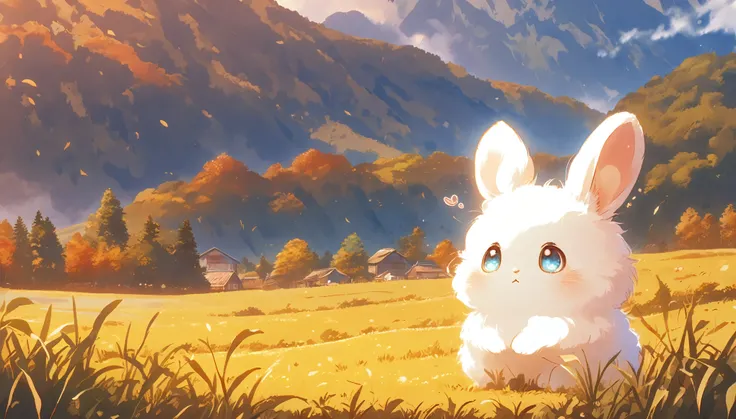 Create a close-up, animated illustration of a fluffy baby bunny sitting in a field . Emphasize the soft fur, big eyes, and twitching nose of the bunny. The background should be a gentle, highlighting the cuteness and innocence of the baby bunny, by makoto ...