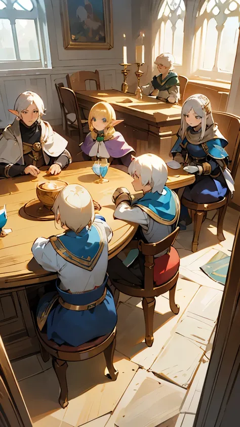 A fantasy-themed guild tavern, featuring a scene where a white-haired female rogue, a blonde female elf sorceress, and a male dwarf knight are sitting around a round table. They are drinking and engaging in conversation. The perspective is a birds eye view...