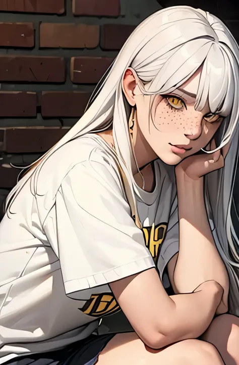 woman, golden eyes, long white hair, fringe, freckles on the face, tattoos, yellow loose t-shirt, sitting.